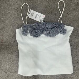 Zara White Spaghetti-Strap Camisole with Silver Beaded Floral Trim